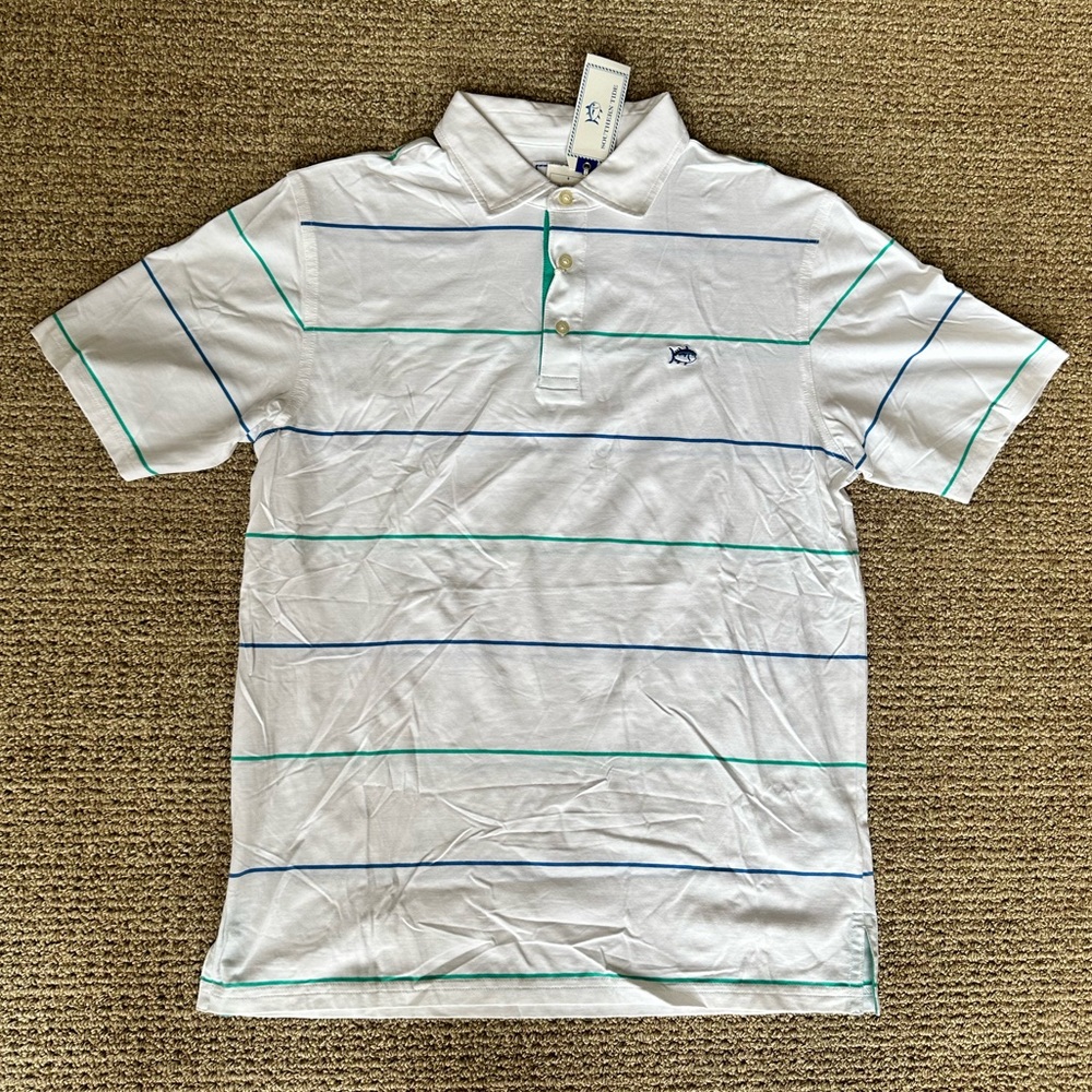 NWT Southern Tide Polo in White with Blue and Green Stripes